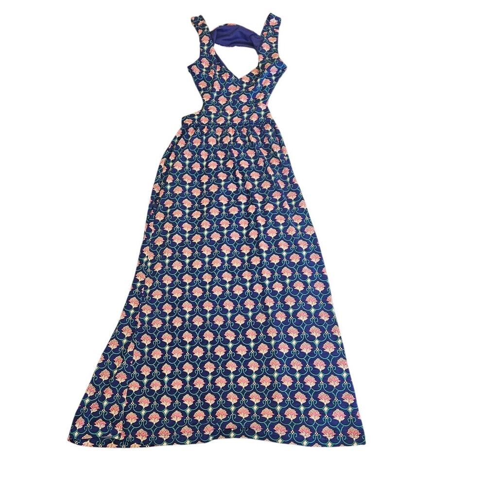 Sage Blue Floral Halter Maxi Dress Cutout Back Tie Neck XS Estimated Boho